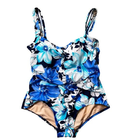 Tropical Escape Blue Floral One Piece Swimsuit Size 18 Ruched Swim - Picture 1 of 12